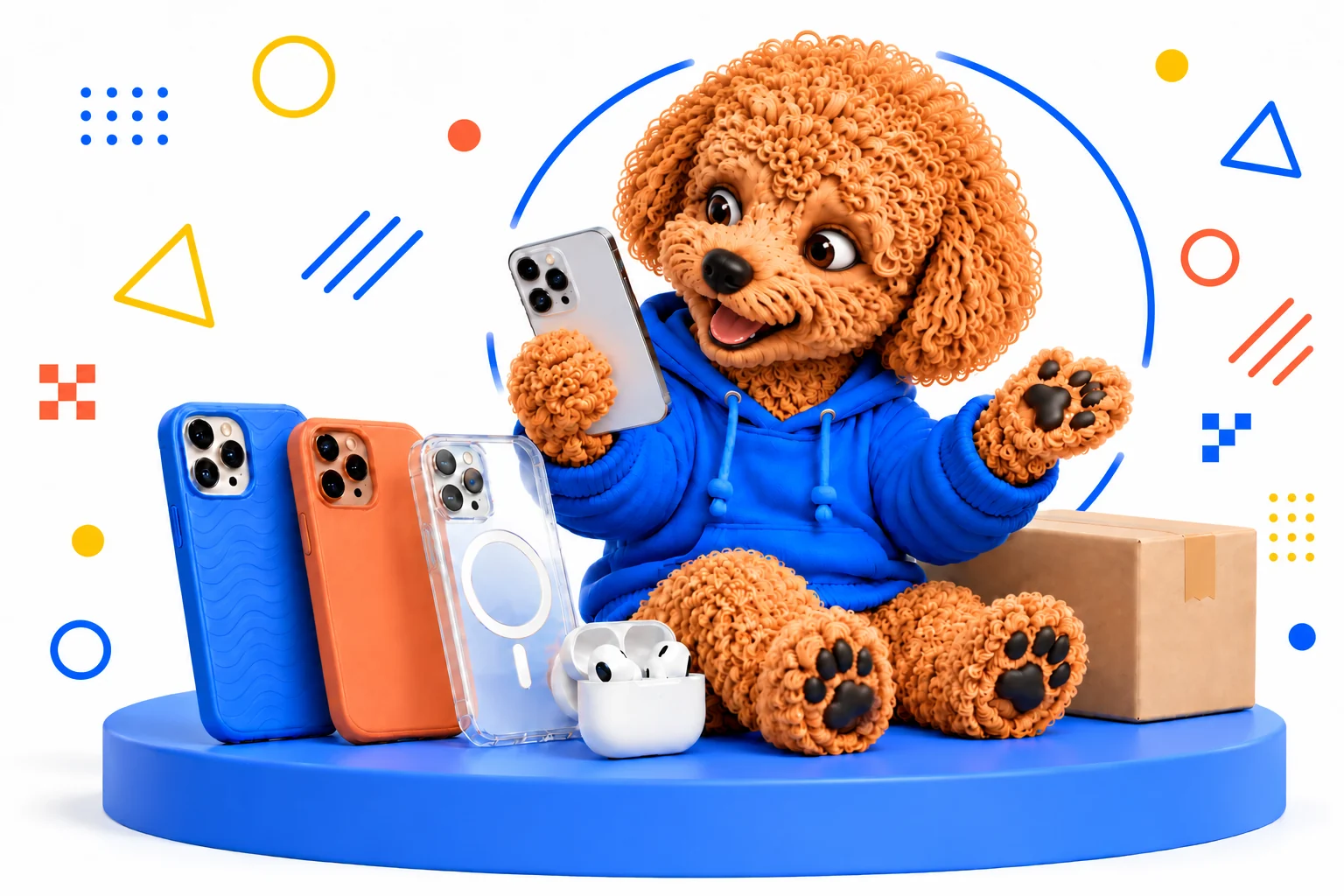 Maskot Top4Mobile v modrej mikine predstavuje mobil a farebné príslušenstvo.